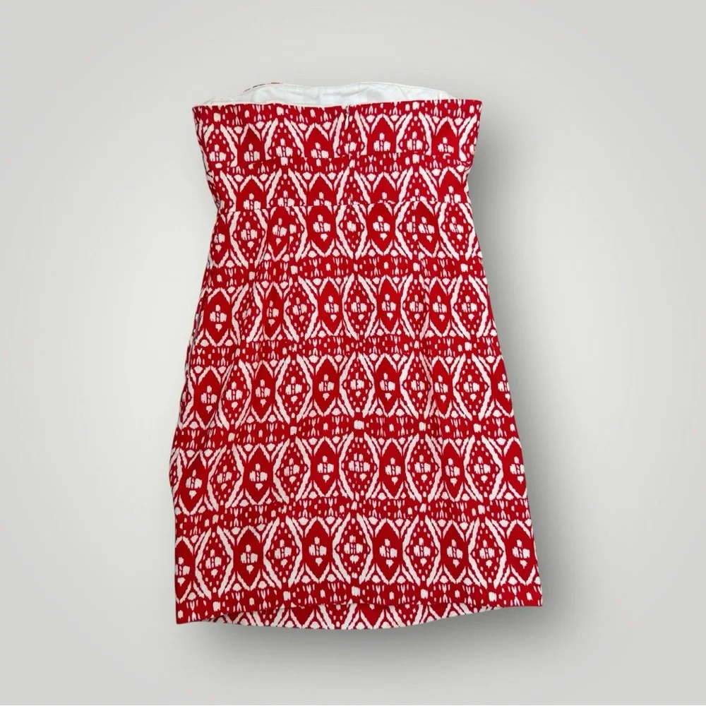 J. Crew Strapless Geometric Red and White Twee Feminine Midi Dress Size 4‎